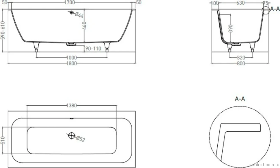 Ванна из искусственного камня Salini Orlanda Axis S-Stone 180x80 см, встраиваемая, матовая белая, на ножках