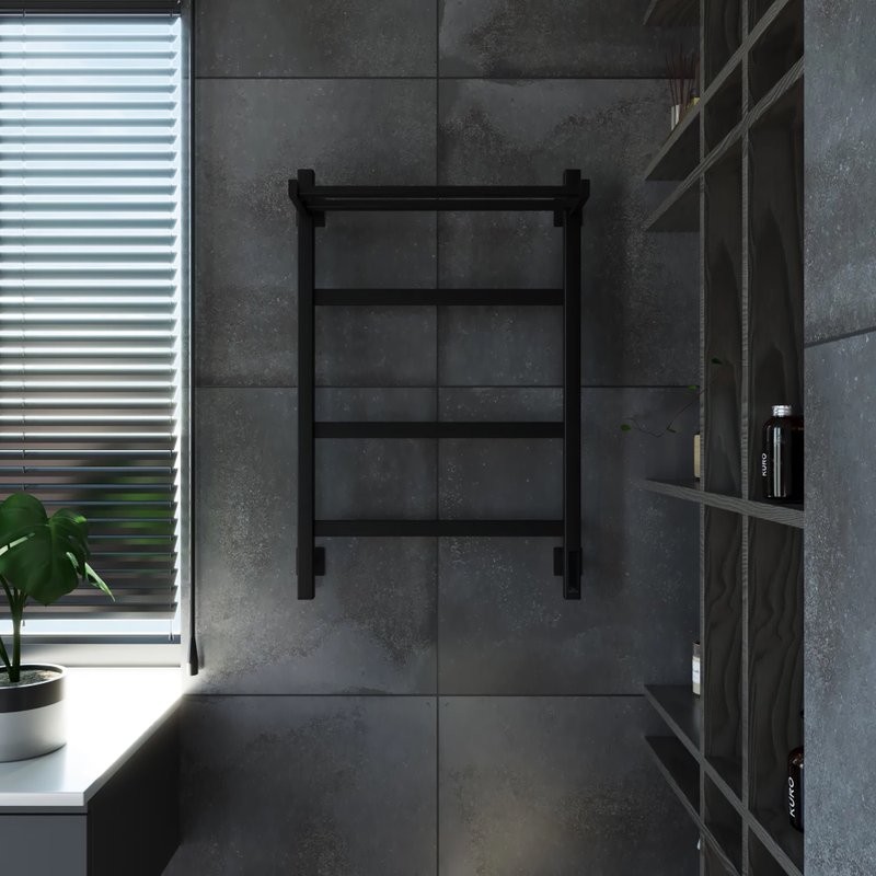 Полотенцесушитель электрический Grota Tela 530х800 RAL9005 EL 80x55 см, подключение справа, слева, скрытое подключение справа, матовый черный, лесенка, из стали, с полкой