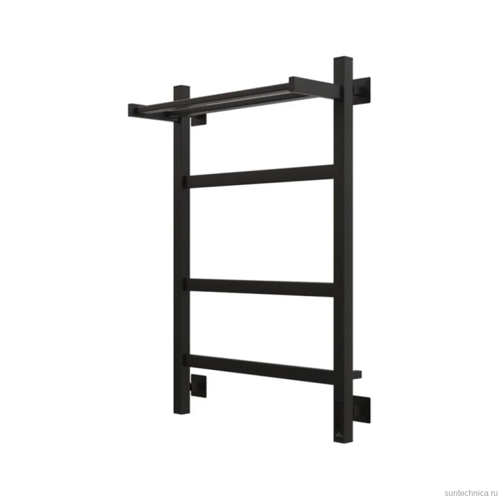 Полотенцесушитель электрический Grota Tela 530х800 RAL9005 EL 80x55 см, подключение справа, слева, скрытое подключение справа, матовый черный, лесенка, из стали, с полкой