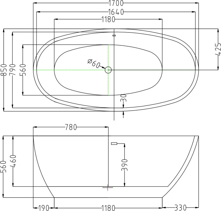 Акриловая ванна Esbano Sophia 170x85 см, отдельностоящая, белая, овальная, со сливом-переливом