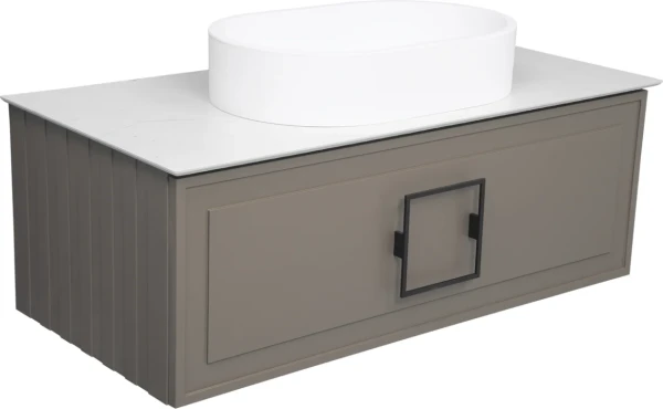 Тумба с раковиной La Fenice Cubo 100 подвесная, cappuccino, ручка черная, столешница белый мрамор, раковина белая матовая