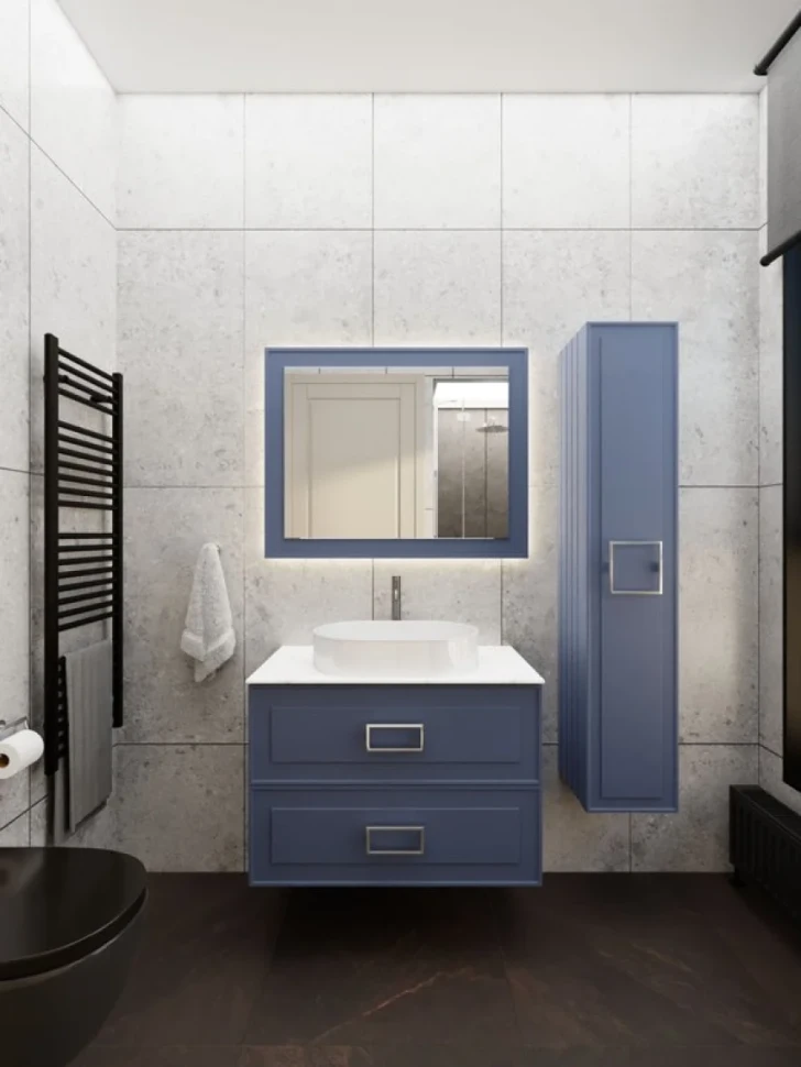 Тумба под раковину со столешницей La Fenice Cubo Twin Blu Grigio 100 подвесная , синяя матовая, столешница белый мрамор