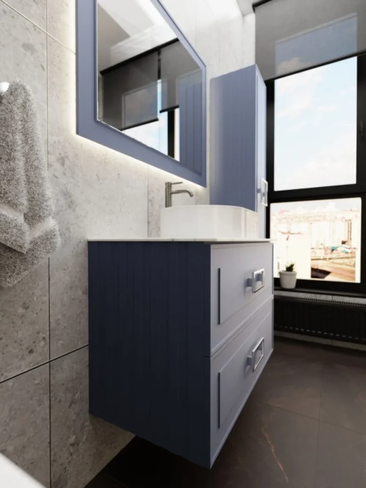 Тумба под раковину со столешницей La Fenice Cubo Twin Blu Grigio 100 подвесная , синяя матовая, столешница белый мрамор