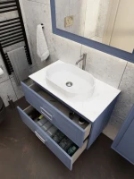 Тумба под раковину со столешницей La Fenice Cubo Twin Blu Grigio 100 подвесная , синяя матовая, столешница белый мрамор