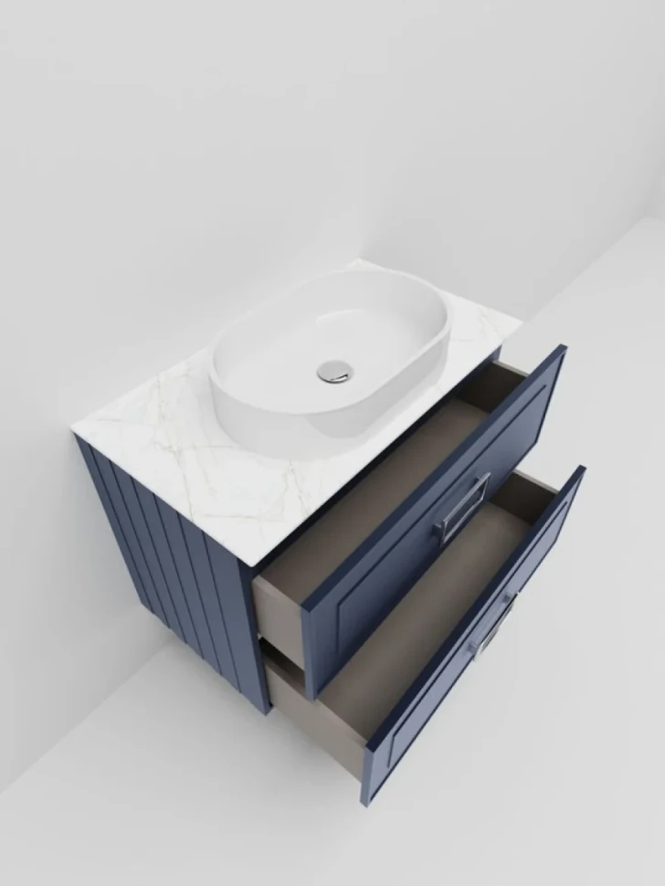 Тумба под раковину со столешницей La Fenice Cubo Twin Blu Grigio 100 подвесная , синяя матовая, столешница белый мрамор