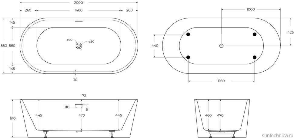 Акриловая ванна BelBagno BB416-2000-850 200x85 см, отдельностоящая, белая, овальная, вклеенный каркас, со сливом-переливом, с донным клапаном