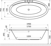 Акриловая ванна Excellent Lumina Line Nano 190x95 см, встраиваемая, с гидромассажем, белая, овальная, с каркасом, со сливом-переливом, фурнитура золото