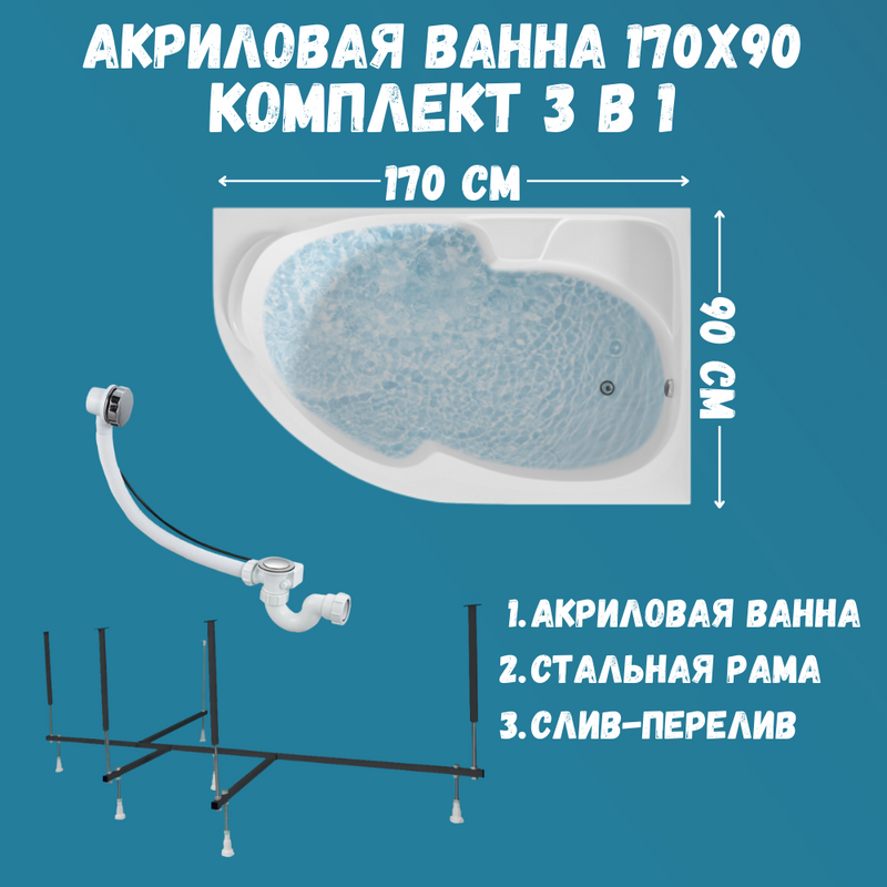 Акриловая ванна 1MarKa Diana R Стандарт 2+ 170x90 см, угловая, правая, встраиваемая, белая, асимметричная, с каркасом, с сиденьем, со сливом-переливом