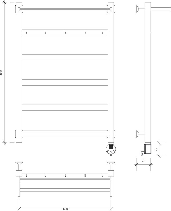 Полотенцесушитель электрический Secado Комано 1 КСП 85x55 см, подключение справа, матовый черный, лесенка, с полкой