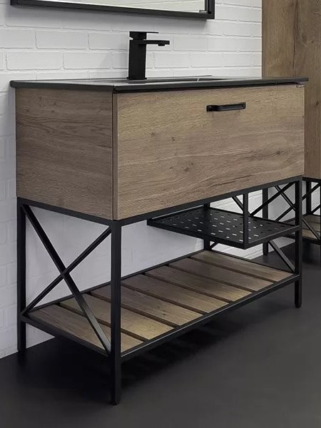 Тумба с раковиной Comforty Бредфорд 90 напольная, темный дуб, с раковиной Comforty 90E черная матовая