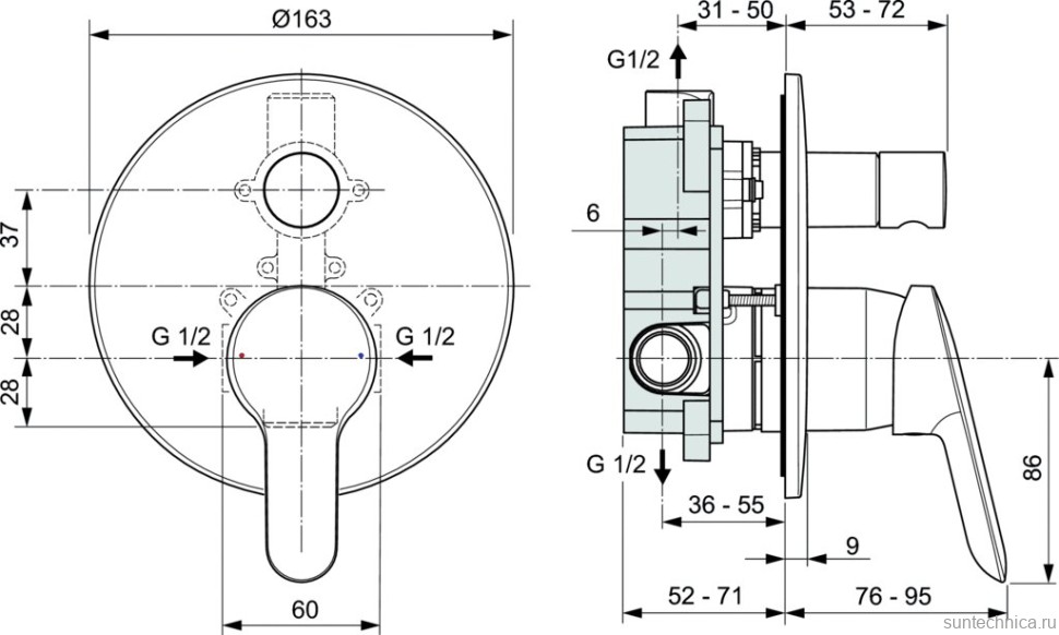 Встраиваемый смеситель для душа и ванны Ideal Standard Dot 2.0 A7165AA С ВНУТРЕННЕЙ ЧАСТЬЮ