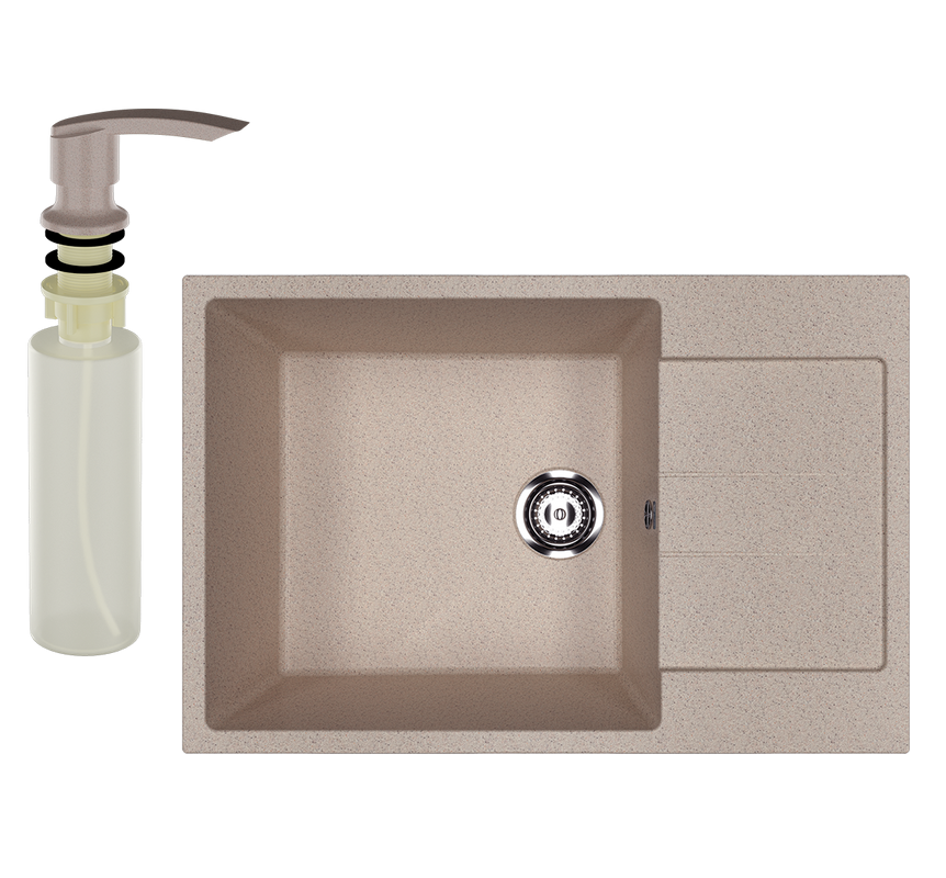 Мойка кухонная Ulgran U-602 302 песочная + дозатор U-02 песочный