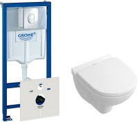 Комплект Унитаз подвесной Villeroy & Boch O.Novo O.novo 5688 H1 01 alpin, с микролифтом + Инсталляция Grohe Rapid SL 38750001 4 в 1 с кнопкой смыва