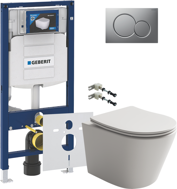 Комплект Унитаз подвесной Ceramicanova Balearica Rimless CN6000MC капучино матовый + Крепления Geberit Duofix 111.815.00.1 к стене + Звукоизоляция + Инсталляция UP 320 111.300.00.5 + Кнопка Sigma 01 115.770.JQ.5 лакированная, матовый хром