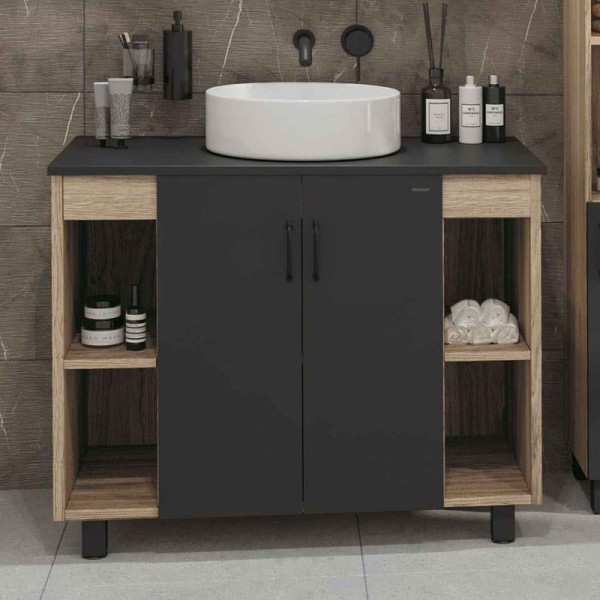 Тумба с раковиной Grossman Флай 100 со столешницей, дуб сонома, серая