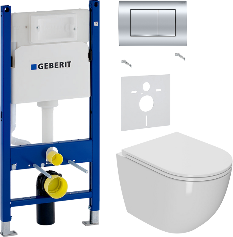 Комплект Унитаз подвесной Bauedge Bau Dream Hurricane-2 безободковый, с микролифтом, белый + Звукоизоляция Geberit + Инсталляция Duofix Delta 458.163.21.1 с кнопкой смыва, хром