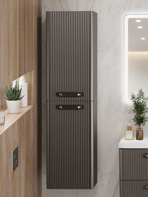 Шкаф-пенал для ванной BelBagno Due 40 подвесной, ручки матовый атласный никель, оружейная сталь