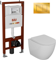 Комплект Унитаз подвесной Bauedge Bau Dream безободковый, с микролифтом + Инсталляция Bau Pro + Кнопка Stil, золото