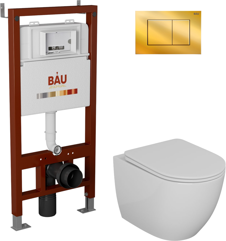 Комплект Унитаз подвесной Bauedge Bau Dream безободковый, с микролифтом + Инсталляция Bau Pro + Кнопка Stil, золото
