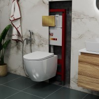 Комплект Унитаз подвесной Bauedge Bau Dream безободковый, с микролифтом + Инсталляция Bau Pro + Кнопка Stil, золото