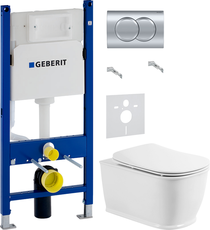 Комплект Унитаз подвесной BelBagno Prado BB10150CH безободковый + Крышка BB10150SC с микролифтом, петли хром + Инсталляция Geberit Duofix Delta 458.149.21.1 с кнопкой смыва, хром + Звукоизоляция