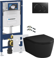 Комплект Унитаз подвесной AM.PM Func C8F1700MBSC безободковый, с микролифтом, матовый черный + Крепления Geberit Duofix 111.815.00.1 к стене + Звукоизоляция + Инсталляция UP 320 111.300.00.5 + Кнопка Sigma 01 115.770.DW.5 черная