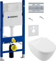 Комплект Унитаз подвесной Villeroy & Boch Subway 2.0 5614 R001 + Крышка 9M68 S101 с микролифтом, петли хром + Инсталляция Geberit Duofix Delta 458.149.21.1 с кнопкой смыва, хром + Звукоизоляция