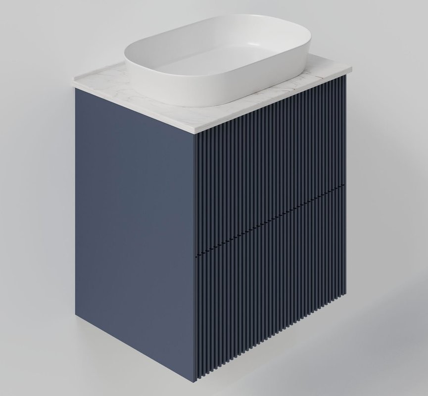 Тумба под раковину со столешницей La Fenice Terra Twin Blu Grigio 60 подвесная, синяя матовая, столешница белый мрамор