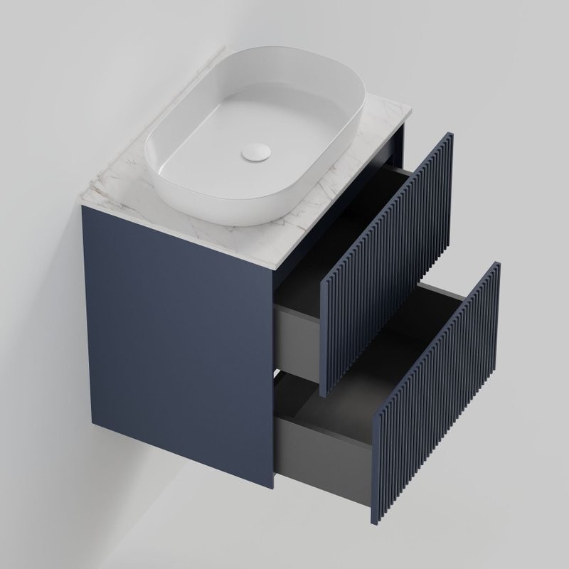 Тумба под раковину со столешницей La Fenice Terra Twin Blu Grigio 60 подвесная, синяя матовая, столешница белый мрамор