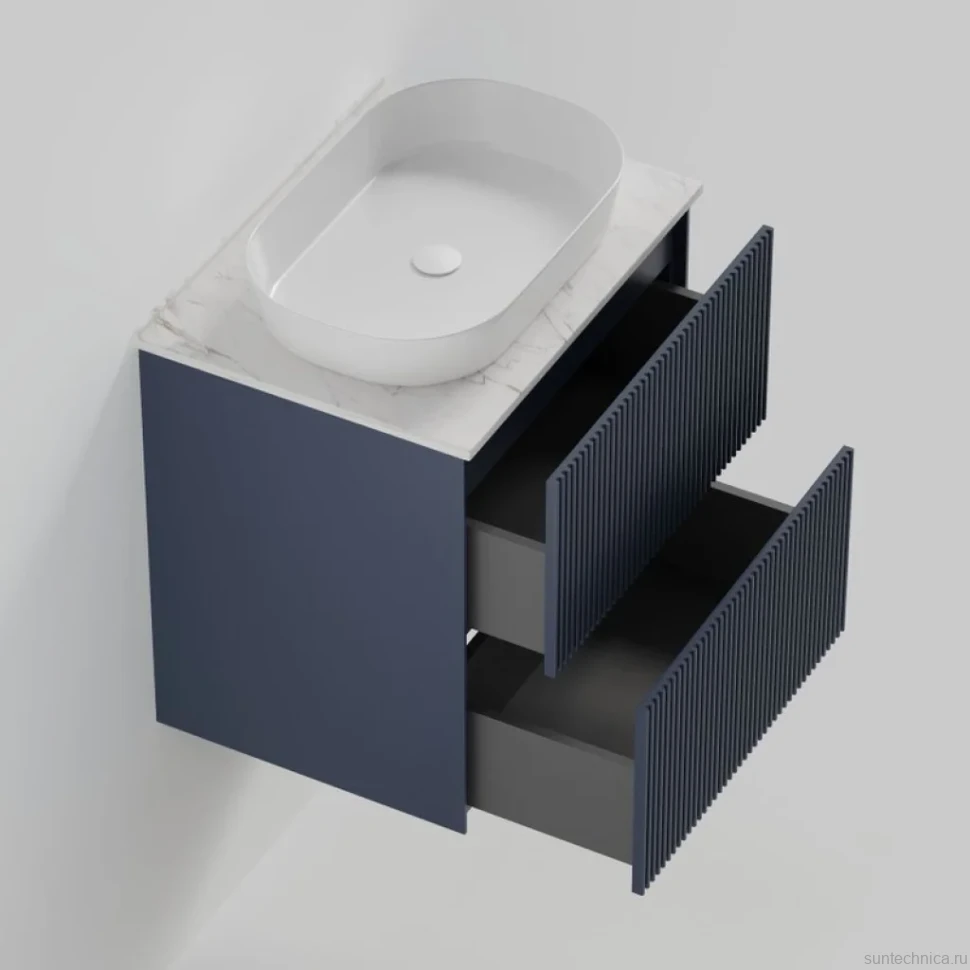 Тумба под раковину со столешницей La Fenice Terra Twin Blu Grigio 60 подвесная, синяя матовая, столешница белый мрамор