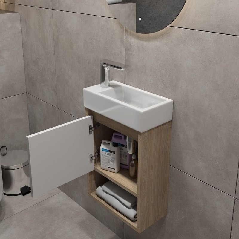 Тумба подвесная для ванной 37 см Teymi Nura корпус дуб фасад белый T60535