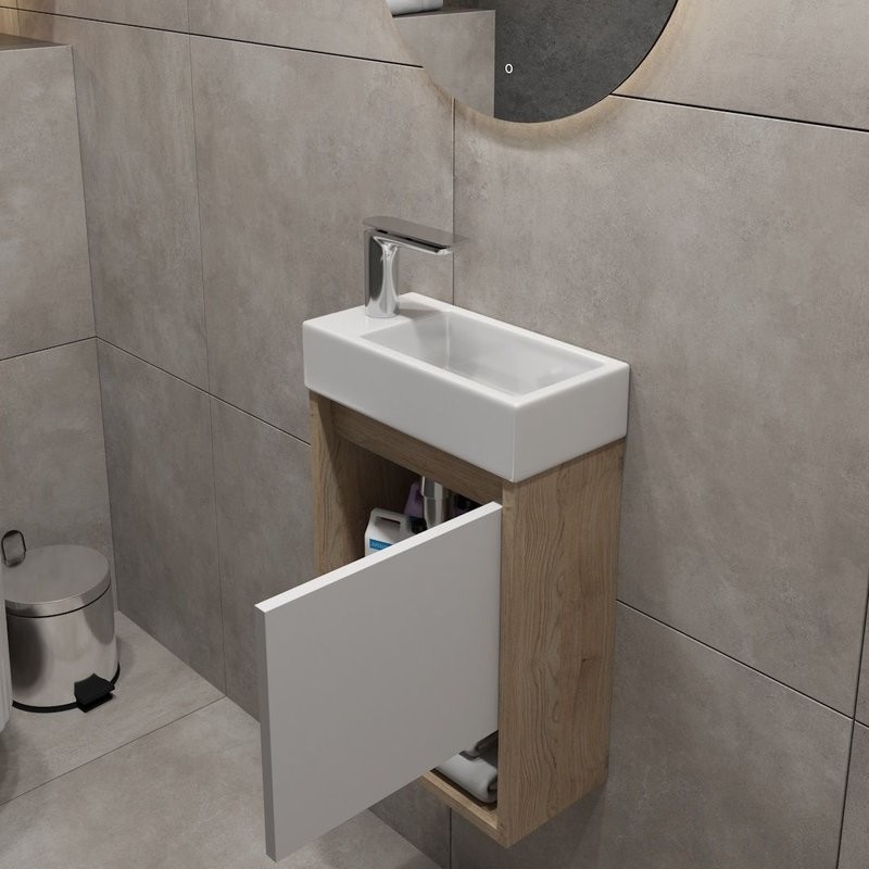 Тумба подвесная для ванной 37 см Teymi Nura корпус дуб фасад белый T60535