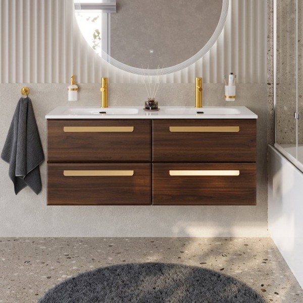 Тумба с раковиной Cezares Eco Cer-N 120 4 ящика, орех шоколад софт, раковина Eco 120, двойная, ручки сатиновое золото