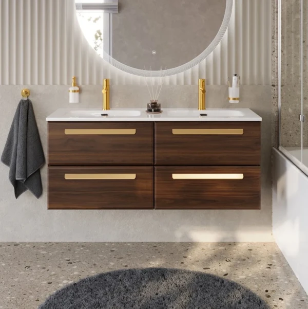 Тумба с раковиной Cezares Eco Cer-N 120 4 ящика, орех шоколад софт, раковина Eco 120, двойная, ручки сатиновое золото