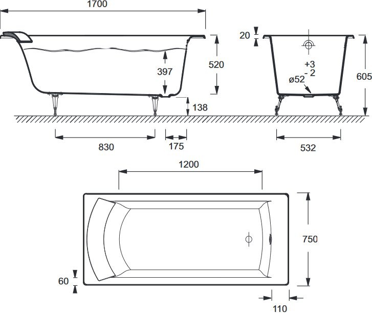 Чугунная ванна Jacob Delafon Biove E2930 170x75 см, встраиваемая, белая, на ножках