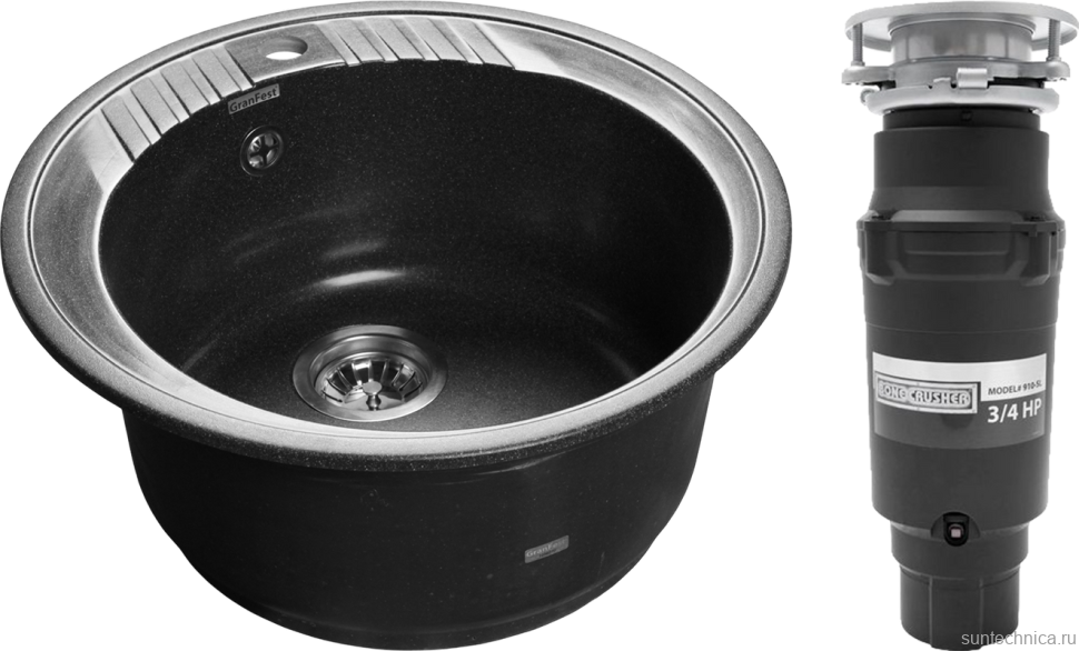 Комплект Мойка GranFest Rondo GF-R520 черный + Измельчитель Bone Crusher BC 910-SL-Slim Line