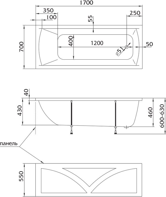 Акриловая ванна Marka One Modern 170x70 см, пристенная, белая, на ножках