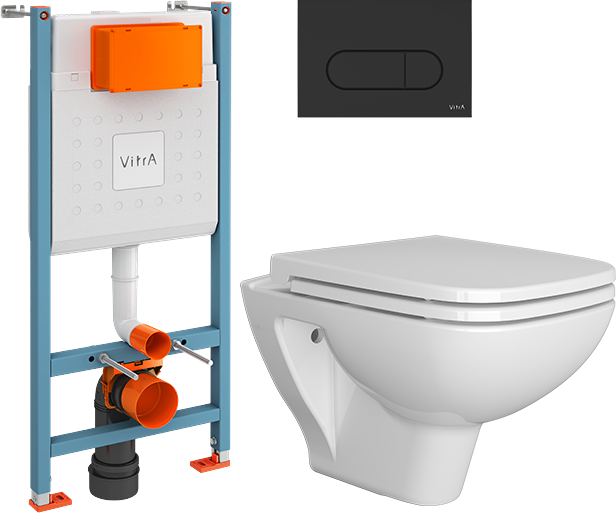 Комплект Унитаз подвесной VitrA Berg 5507B003-6280 с микролифтом + Инсталляция V-Fix Core 732-5800-01 с кнопкой смыва Root R 740-2211 черной матовой