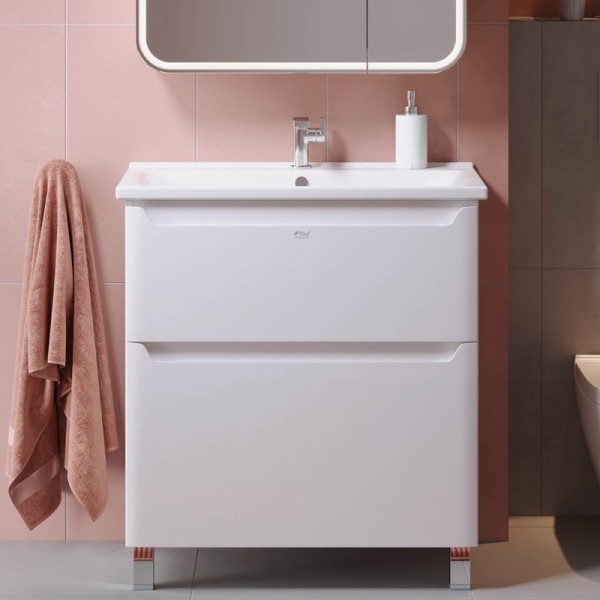 Тумба с раковиной Alavann Lana 80 напольная, 2 ящика, раковина Santek Миранда, белая