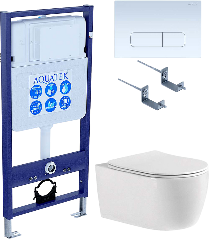 Комплект Унитаз подвесной AQUATEK Европа New AQ1106-00 безободковый, с микролифтом + Инсталляция Standard INS-0000012 + Комплект креплений KKI-0000002 + Кнопка KDI-0000013 белая