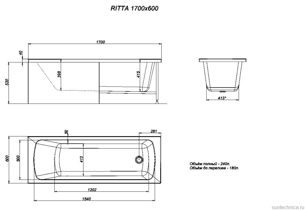 Акриловая ванна Timo Ritta 1760 без опоры 170x60 см, пристенная, белая