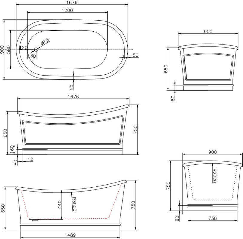 Акриловая ванна BelBagno BB32-CF36 170x90 см, левая, отдельностоящая, серая матовая, овальная, на ножках