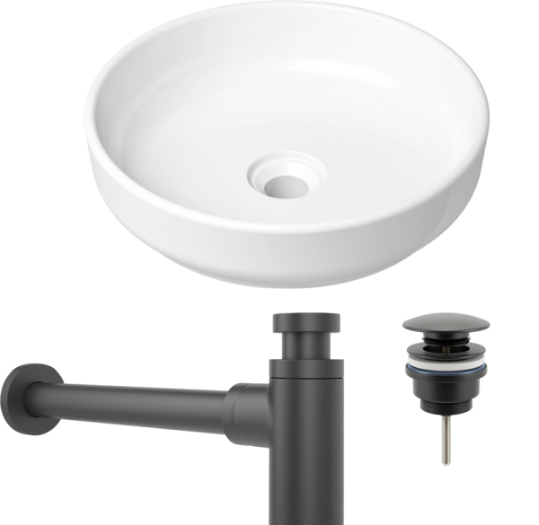 Комплект Накладная раковина Lavinia Boho Bathroom Sink Slim 33311005 + Донный клапан Wellsee Drainage System 182140000 матовый черный + Сифон 182105000 матовый черный