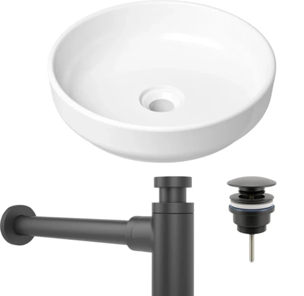 Комплект Накладная раковина Lavinia Boho Bathroom Sink Slim 33311005 + Донный клапан Wellsee Drainage System 182140000 матовый черный + Сифон 182105000 матовый черный
