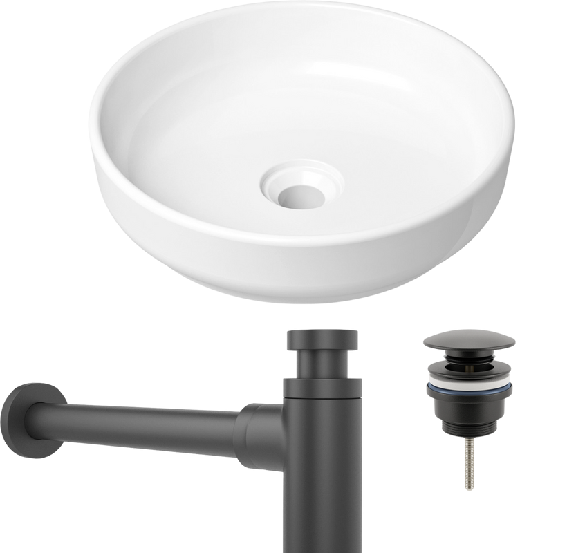Комплект Накладная раковина Lavinia Boho Bathroom Sink Slim 33311005 + Донный клапан Wellsee Drainage System 182140000 матовый черный + Сифон 182105000 матовый черный