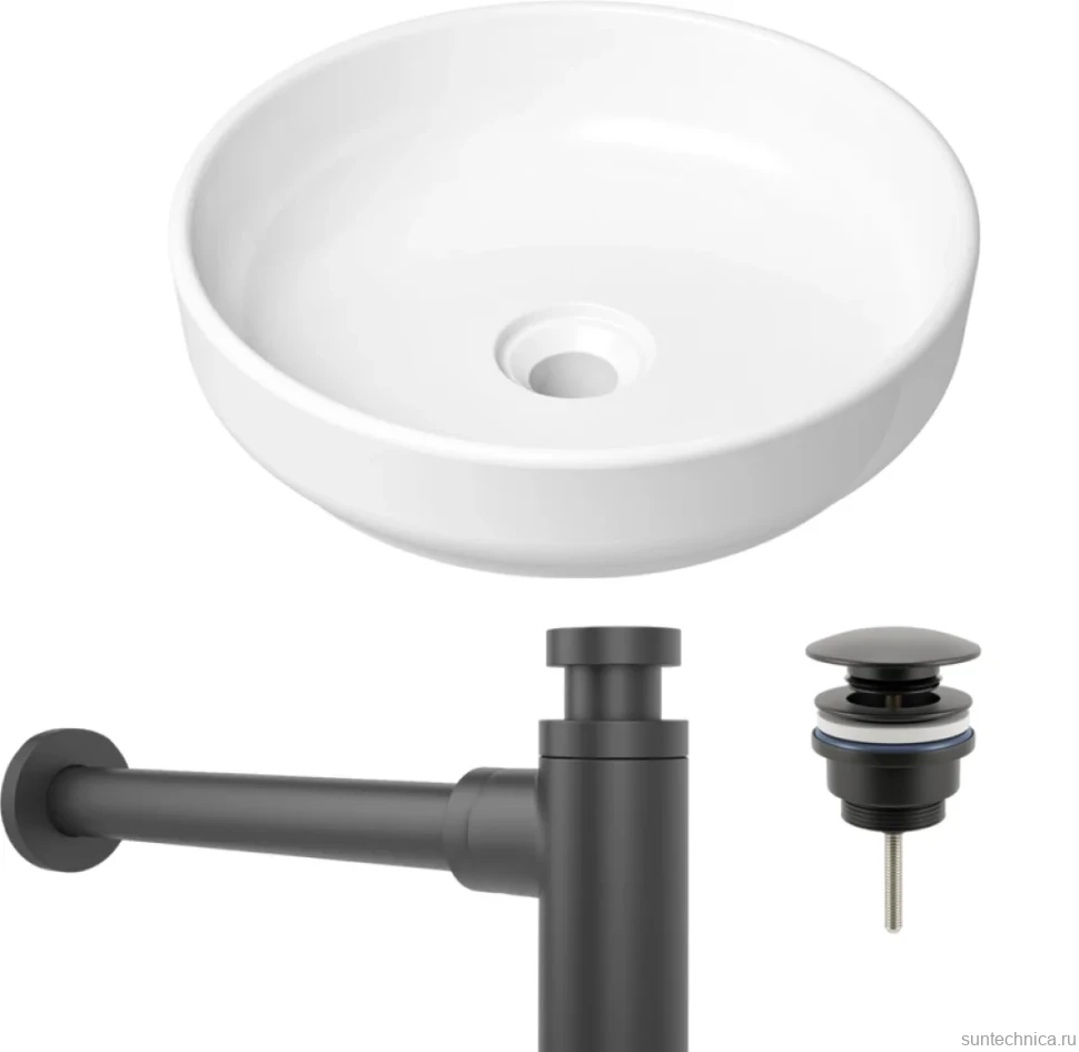 Комплект Накладная раковина Lavinia Boho Bathroom Sink Slim 33311005 + Донный клапан Wellsee Drainage System 182140000 матовый черный + Сифон 182105000 матовый черный