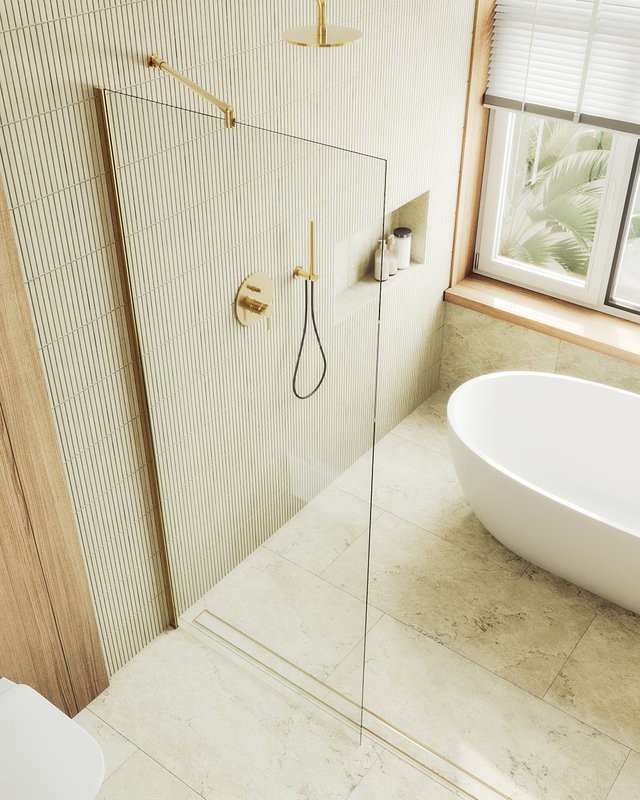 Душевая перегородка Maybahglass MGD-689-3ш 89 см, профиль золото, стекло прозрачное