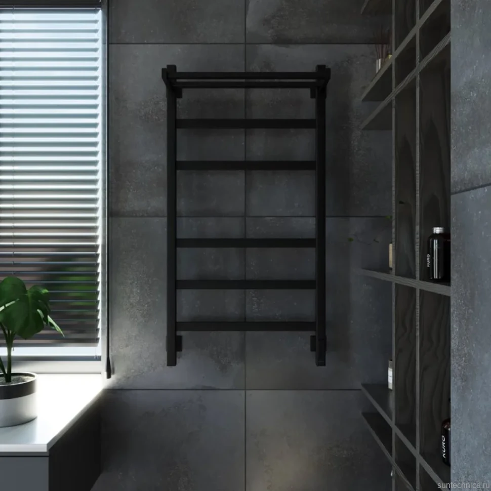 Полотенцесушитель электрический Grota Tela 530х1000 RAL9005 EL 100x55 см, подключение справа, слева, скрытое подключение справа, матовый черный, лесенка, из стали, с полкой