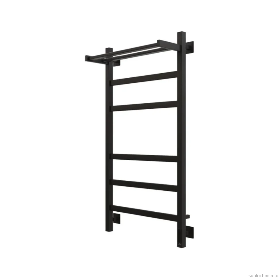 Полотенцесушитель электрический Grota Tela 530х1000 RAL9005 EL 100x55 см, подключение справа, слева, скрытое подключение справа, матовый черный, лесенка, из стали, с полкой