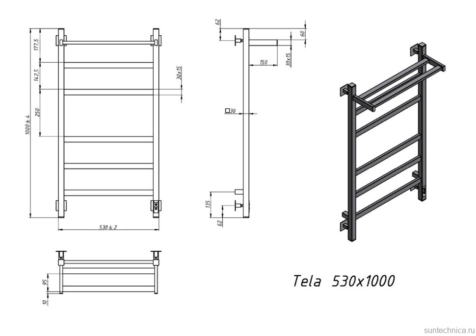 Полотенцесушитель электрический Grota Tela 530х1000 RAL9005 EL 100x55 см, подключение справа, слева, скрытое подключение справа, матовый черный, лесенка, из стали, с полкой